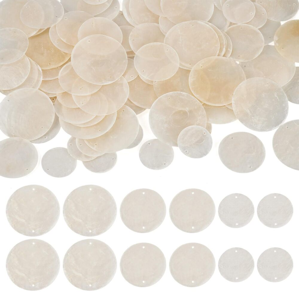2874 90pcs Natural Capiz Shell Connector Charms 30/40/50 mm Flat Round